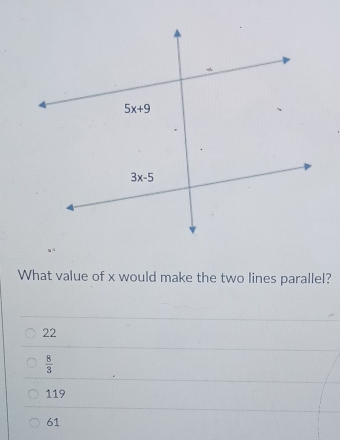 What value of x would make the two lines parallel?
22
 8/3 
119
61