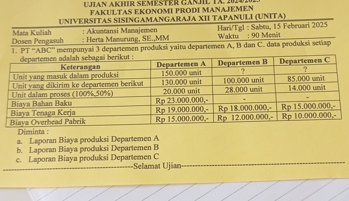 UJIAN AKHIR SEMESTER GANJIL TA. 2024) 
FAKULTAS EKONOMI PRODI MANAJEMEN 
UNIVERSITAS SISINGAMANGARAJA XII TAPANULI (UNITA) 
Mata Kuliah : Akuntansi Manajemen Hari/Tgl : Sabtu, 15 Februari 2025 
Dosen Pengasuh : Herta Manurung, SE.,MM Waktu : 90 Menit 
1. PT “ ABC ” mempunyai 3 departemen produksi yaitu departemen A, B dan C. data produksi setiap 
Diminta : 
a. Laporan Biaya produksi Departemen A 
b. Laporan Biaya produksi Departemen B 
c. Laporan Biaya produksi Departemen C 
Selamat Ujian