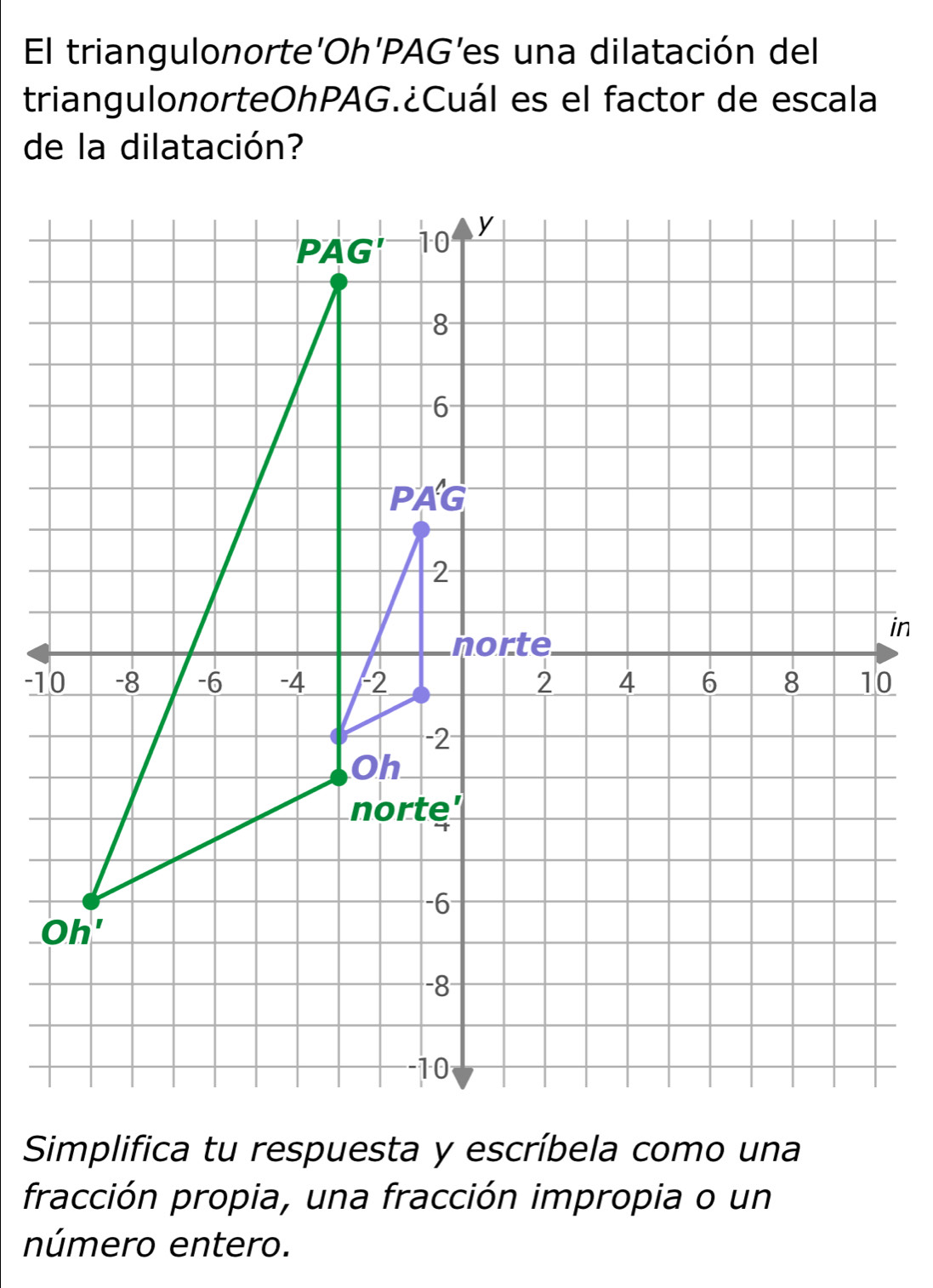 El triangulonorte'Oh'PAG’es una dilatación del
triangulonorteOhPAG.¿Cuál es el factor de escala
de la dilatación?
Simplifica tu respuesta y escríbela como una
fracción propia, una fracción impropia o un
número entero.