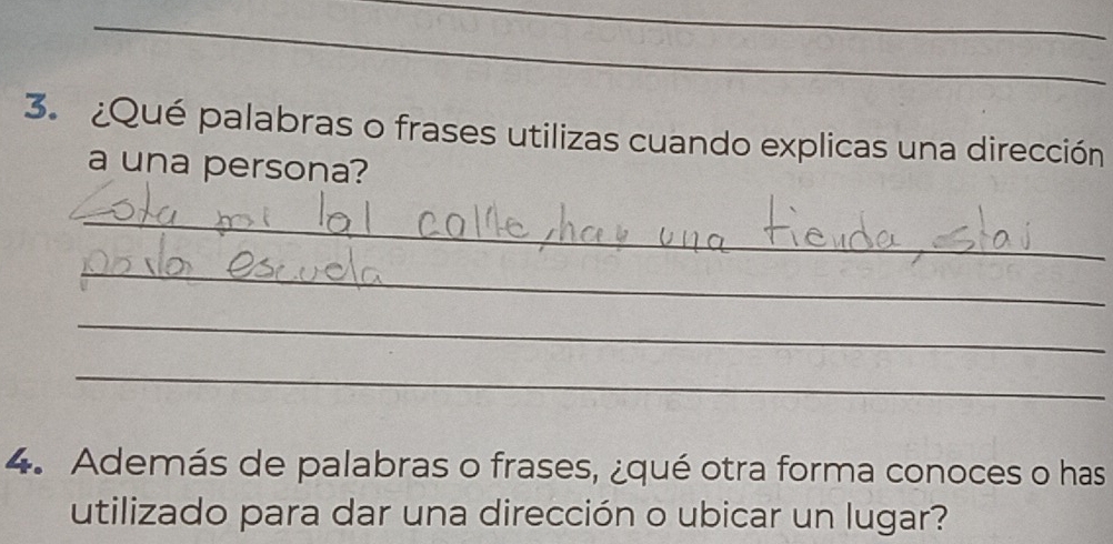 ¿Qué palabras o frases utilizas cuando explicas una dirección 
a una persona? 
_ 
_ 
_ 
_ 
4. Además de palabras o frases, ¿qué otra forma conoces o has 
utilizado para dar una dirección o ubicar un lugar?