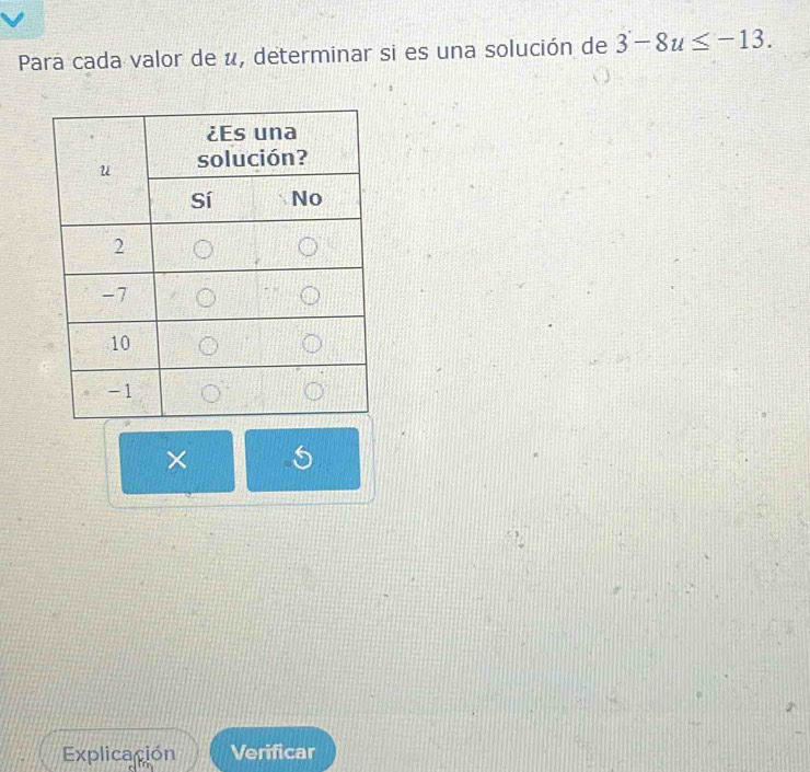 Para cada valor de u, determinar si es una solución de 3-8u≤ -13. 
× 5 
Explicación Verificar