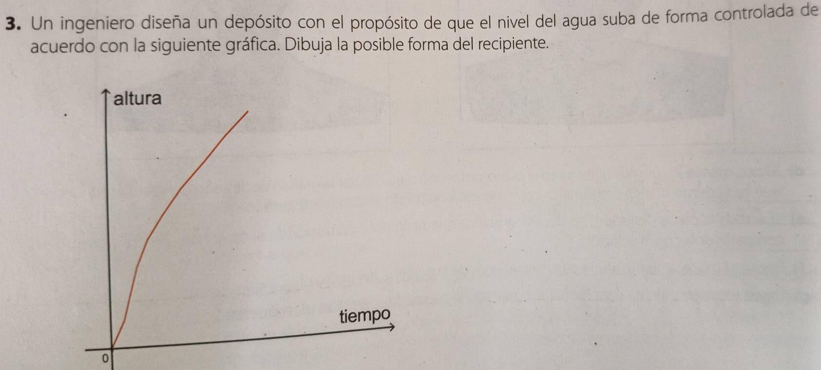 Un ingeniero diseña un depósito con el propósito de que el nivel del agua suba de forma controlada de 
acuerdo con la siguiente gráfica. Dibuja la posible forma del recipiente. 
0