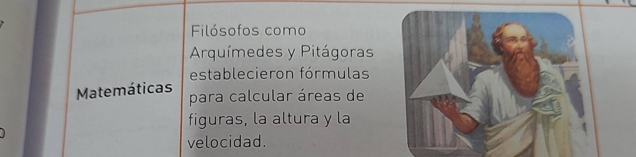 Filósofos como 
Arquímedes y Pitágoras 
establecieron fórmulas 
Matemáticas 
para calcular áreas de 
figuras, la altura y la 
velocidad.