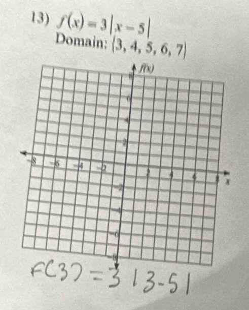 f(x)=3|x-5|
Domain:  3,4,5,6,7