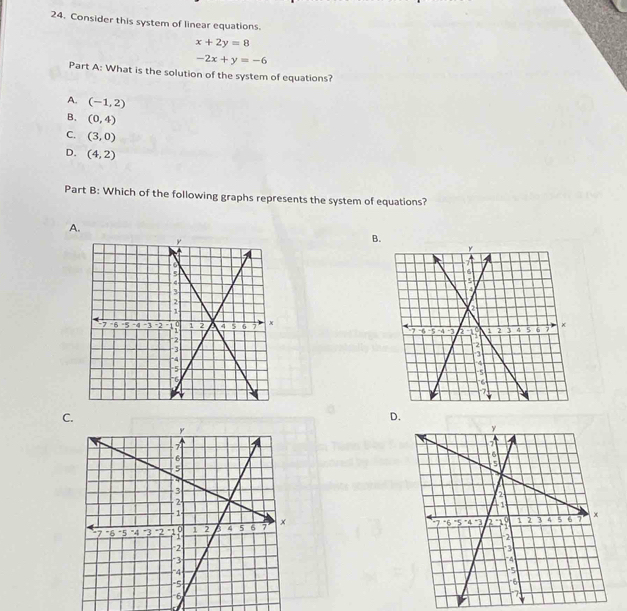 Consider this system of linear equations.
x+2y=8
-2x+y=-6
Part A: What is the solution of the system of equations?
A. (-1,2)
B. (0,4)
C. (3,0)
D. (4,2)
Part B: Which of the following graphs represents the system of equations?
A.
B.

C.
D.