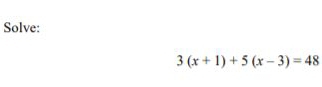 Solve:
3(x+1)+5(x-3)=48