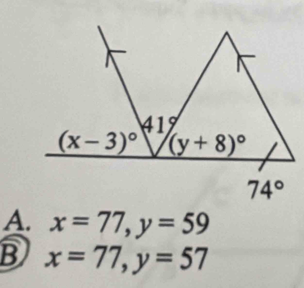 A. x=77,y=59
B x=77,y=57