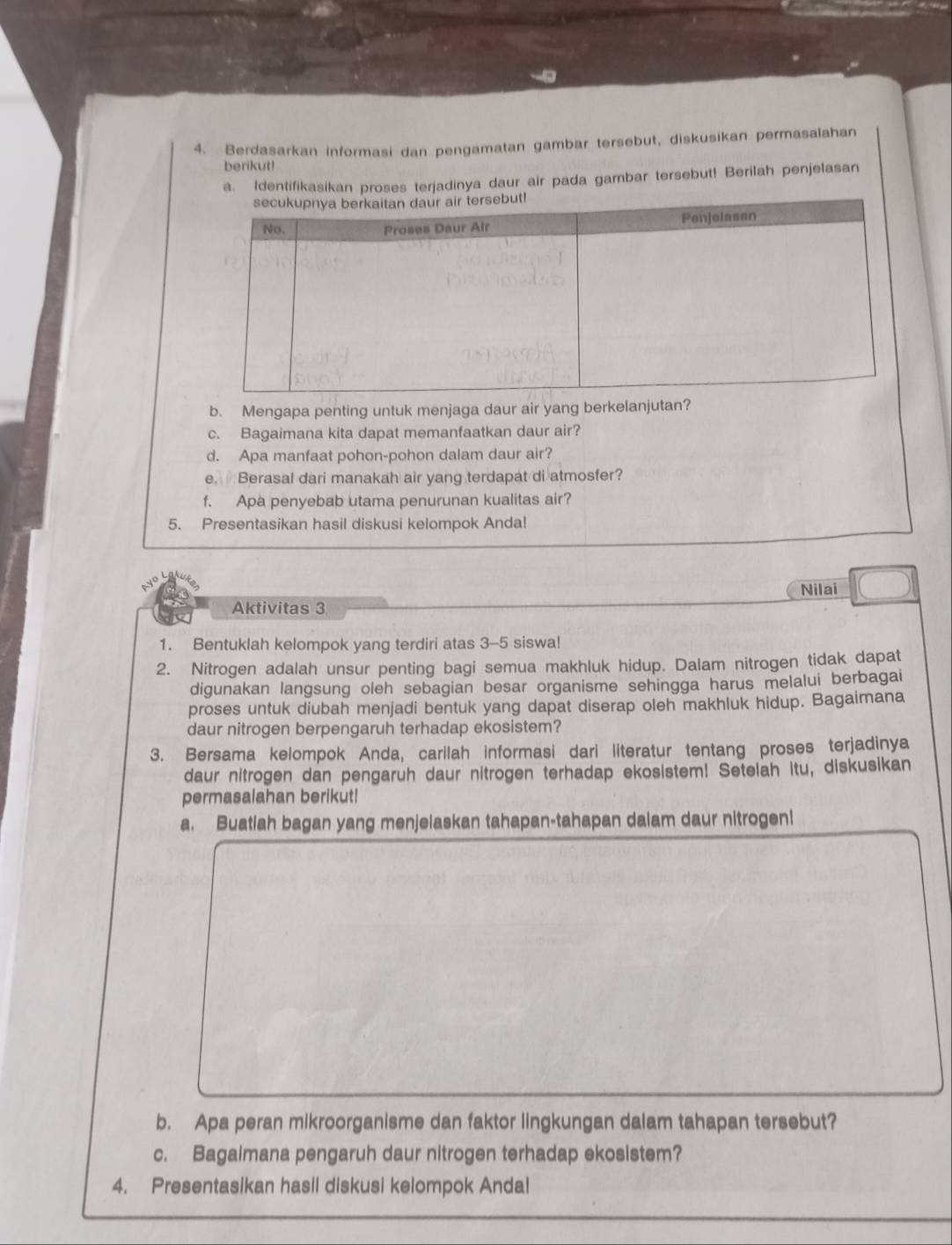 Berdasarkan informasi dan pengamatan gambar tersebut, diskusikan permasalahan 
berikut! 
a. Identifikasikan proses terjadinya daur air pada gambar tersebut! Berilah penjelasan 
b. Mengapa penting untuk menjaga daur air yang berkelanjutan? 
c. Bagaimana kita dapat memanfaatkan daur air? 
d. Apa manfaat pohon-pohon dalam daur air? 
e. Berasal dari manakah air yang terdapat di atmosfer? 
f. Apa penyebab utama penurunan kualitas air? 
5. Presentasikan hasil diskusi kelompok Anda! 
Nilai 
Aktivitas 3
1. Bentuklah kelompok yang terdiri atas 3-5 siswa! 
2. Nitrogen adalah unsur penting bagi semua makhluk hidup. Dalam nitrogen tidak dapat 
digunakan langsung oleh sebagian besar organisme sehingga harus melalui berbagai 
proses untuk diubah menjadi bentuk yang dapat diserap oleh makhluk hidup. Bagaimana 
daur nitrogen berpengaruh terhadap ekosistem? 
3. Bersama kelompok Anda, carilah informasi dari literatur tentang proses terjadinya 
daur nitrogen dan pengaruh daur nitrogen terhadap ekosistem! Setelah itu, diskusikan 
permasalahan berikut! 
a. Buatiah bagan yang menjelaskan tahapan-tahapan dalam daur nitrogen! 
b. Apa peran mikroorganisme dan faktor lingkungan dalam tahapan tersebut? 
c. Bagaimana pengaruh daur nitrogen terhadap ekosistem? 
4. Presentasikan hasil diskusi kelompok Andal