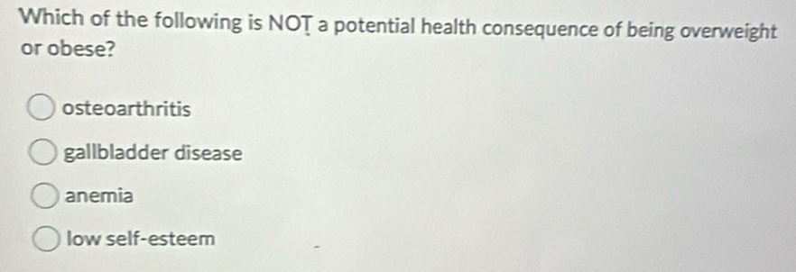 Which of the following is NOT a potential health consequence of being overweight
or obese?
osteoarthritis
gallbladder disease
anemia
low self-esteem