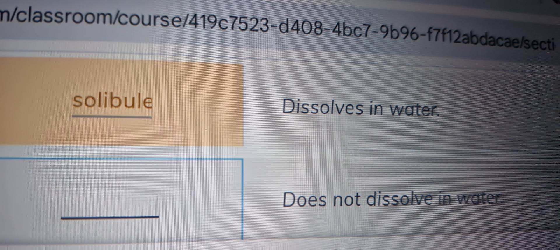 m/classroom/course/419c7523-d408-4bc7-9b96-f7f12abdacae/secti
solibule Dissolves in water.
Does not dissolve in water.