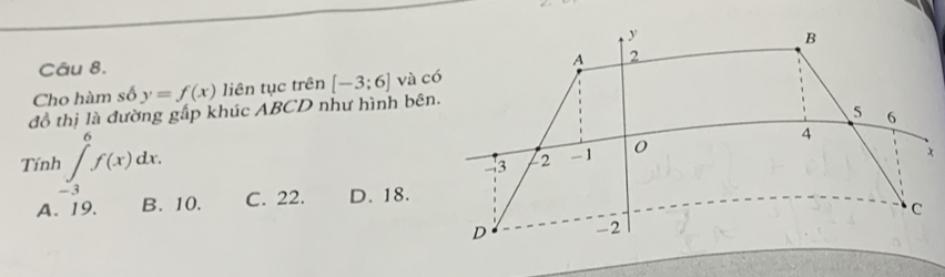 Cho hàm số y=f(x) liên tục trên [-3;6] và có
đồ thị là đường gấp khúc ABCD như hình bên.
Tính ∈tlimits _(-3)^6f(x)dx.
A. 19. B. 10. C. 22. D. 18.