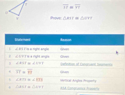 overline ST≌ overline VT
Prove; △ RST≌ △ UVT