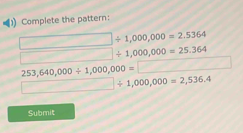 Complete the pattern:
253,640,000/ 1,000,000=□
□ / 1,000,000=2,536.4
Submit