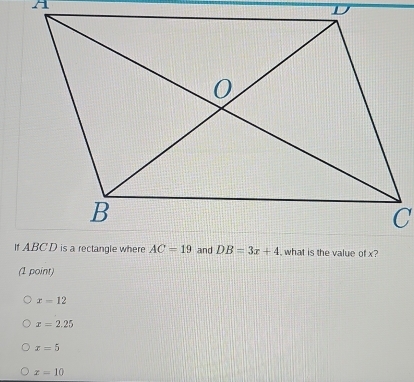 A
(1 point)
x=12
x=2.25
x=5
x=10