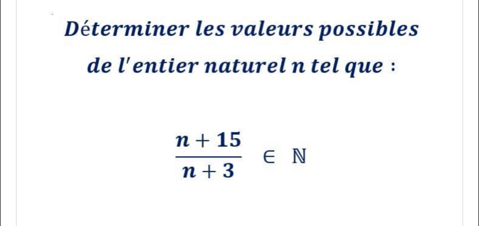 Déterminer les valeurs possibles 
de l'entier naturel n tel que :
 (n+15)/n+3 ∈ N