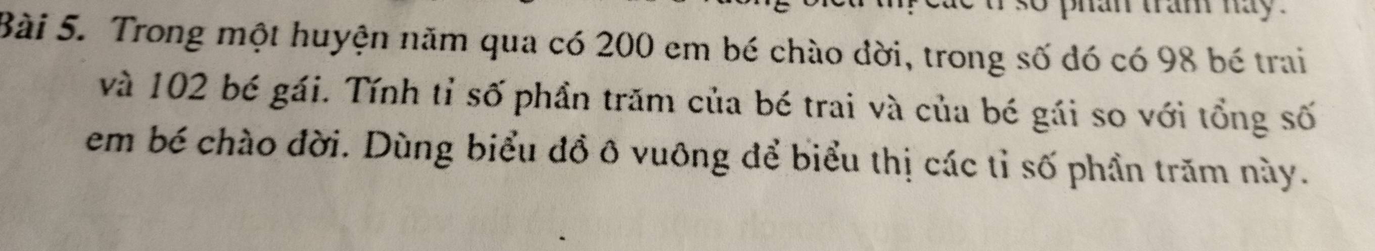 so phan tran hay . 
Bài 5. Trong một huyện năm qua có 200 em bé chào đời, trong số đó có 98 bé trai 
và 102 bé gái. Tính tỉ số phần trăm của bé trai và của bé gái so với tổng số 
em bé chào đời. Dùng biểu đồ ô vuông để biểu thị các tỉ số phần trăm này.