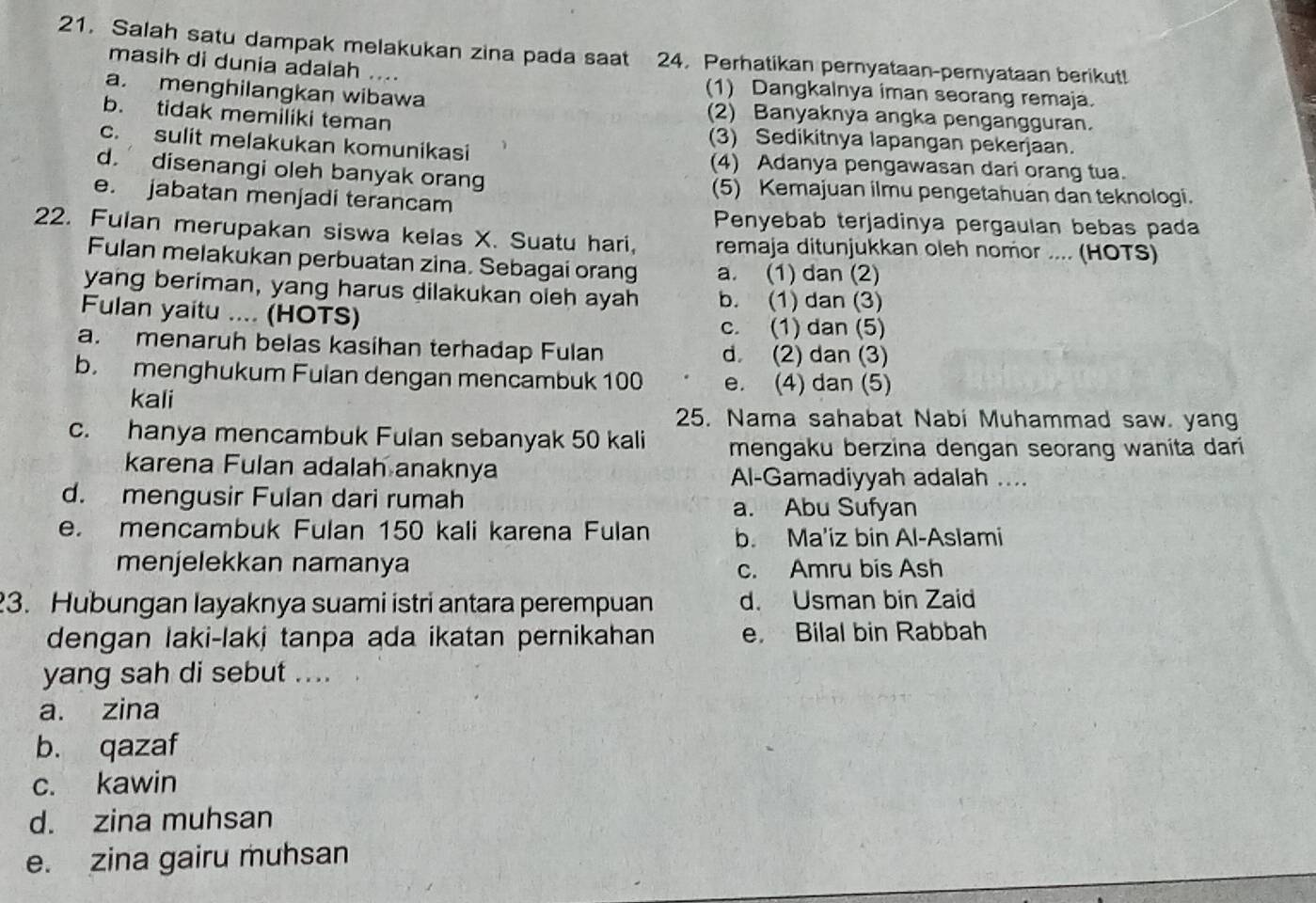 Salah satu dampak melakukan zina pada saat 24. Perhatikan pernyataan-pernyataan berikut!
masih di dunia adalah .... (1) Dangkalnya iman seorang remaja.
a. menghilangkan wibawa (2) Banyaknya angka pengangguran.
b. tidak memiliki teman (3) Sedikitnya lapangan pekerjaan.
c. sulit melakukan komunikasi (4) Adanya pengawasan dari orang tua.
d. disenangi oleh banyak orang (5) Kemajuan ilmu pengetahuan dan teknologi.
e. jabatan menjadi terancam
Penyebab terjadinya pergaulan bebas pada
22. Fulan merupakan siswa kelas X. Suatu hari, remaja ditunjukkan oleh nomor .... (HOTS)
Fulan melakukan perbuatan zina. Sebagai orang a. (1) dan (2)
yang beriman, yang harus dilakukan oleh ayah b. (1) dan (3)
Fulan yaitu .... (HOTS)
c. (1) dan (5)
a. menaruh belas kasihan terhadap Fulan d (2) dan (3)
b. menghukum Fulan dengan mencambuk 100 e. (4) dan (5)
kali
25. Nama sahabat Nabi Muhammad saw. yang
c. hanya mencambuk Fulan sebanyak 50 kali mengaku berzina dengan seorang wanita dari
karena Fulan adalah anaknya Al-Gamadiyyah adalah ....
d. mengusir Fulan dari rumah a. Abu Sufyan
e. mencambuk Fulan 150 kali karena Fulan b. Ma'iz bin Al-Aslami
menjelekkan namanya
c. Amru bis Ash
3. Hubungan layaknya suami istri antara perempuan d. Usman bin Zaid
dengan laki-laki tanpa ada ikatan pernikahan e. Bilal bin Rabbah
yang sah di sebut ....
a. zina
b. qazaf
c. kawin
d. zina muhsan
e. zina gairu muhsan