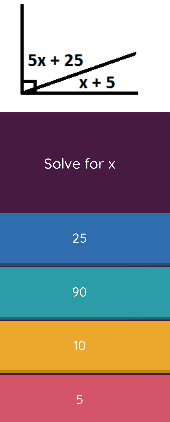 Solve for x
25
90
10
5