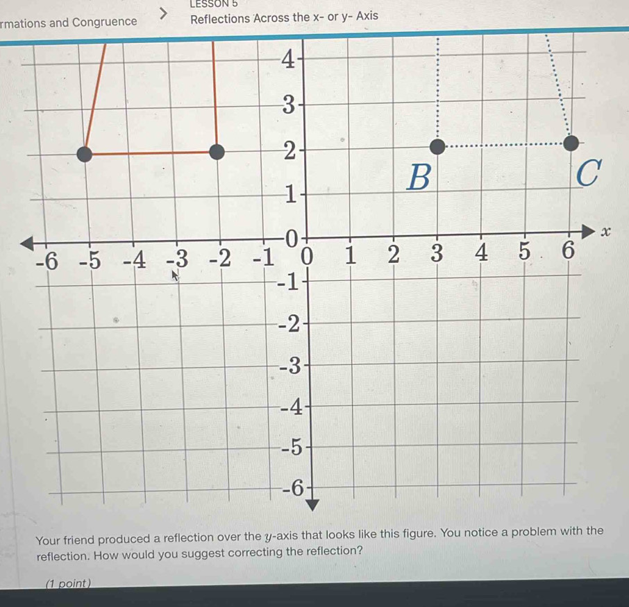 LESSON 5 
rmations and Congruence Reflections Across the x - or y - Axis
x
e 
reflection. How would you suggest correcting the reflection? 
(1 point)