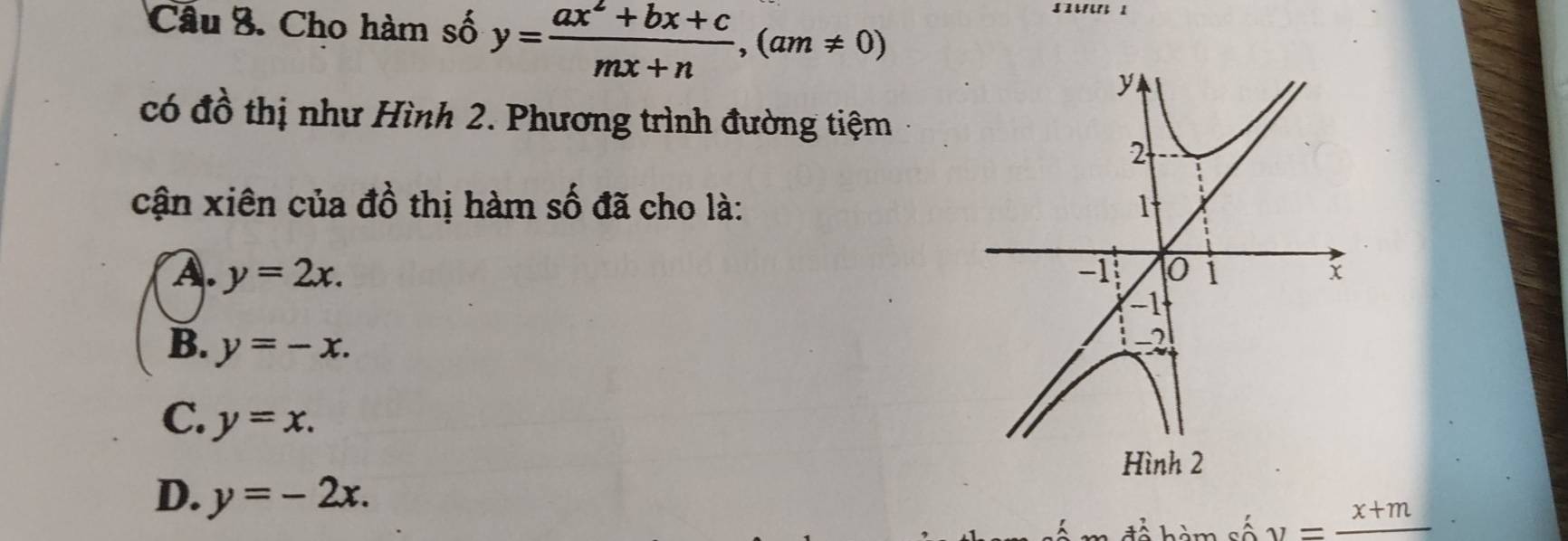 Cầu B. Cho hàm số y= (ax^2+bx+c)/mx+n , (am!= 0)
y
có đồ thị như Hình 2. Phương trình đường tiệm
2
cận xiên của đồ thị hàm số đã cho là: 1
A. y=2x. -1 0 1 X
-1
B. y=-x.
-2
C. y=x. 
Hình 2
D. y=-2x. 
hể hàm số y=frac x+m