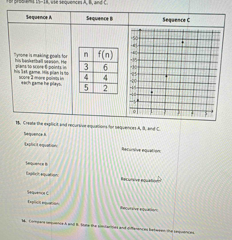 For problems 15-18, use sequences A, B, and C.
Sequence A Sequence B Sequence C
Tyrone is making goals for  
his basketball season. He 
plans to score 6 points in
his 1st game. His plan is to
score 2 more points in
each game he plays. 
15. Create the explicit and recursive equations for sequences A, B, and C.
Sequence A
Explicit equation: Recursive equation:
Sequence B
Explicit equation: Recursive equation
Sequence C
Explicit equation: Recursive equation:
16. Compare sequence A and B. State the similarities and differences between the sequences.