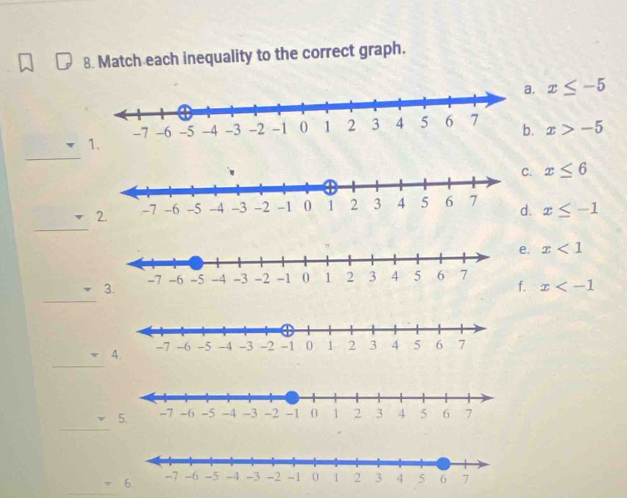 Match each inequality to the correct graph.
a. x≤ -5
b. x>-5
_
x≤ 6
_
x≤ -1
e. x<1</tex> 
_
f. x
_

_