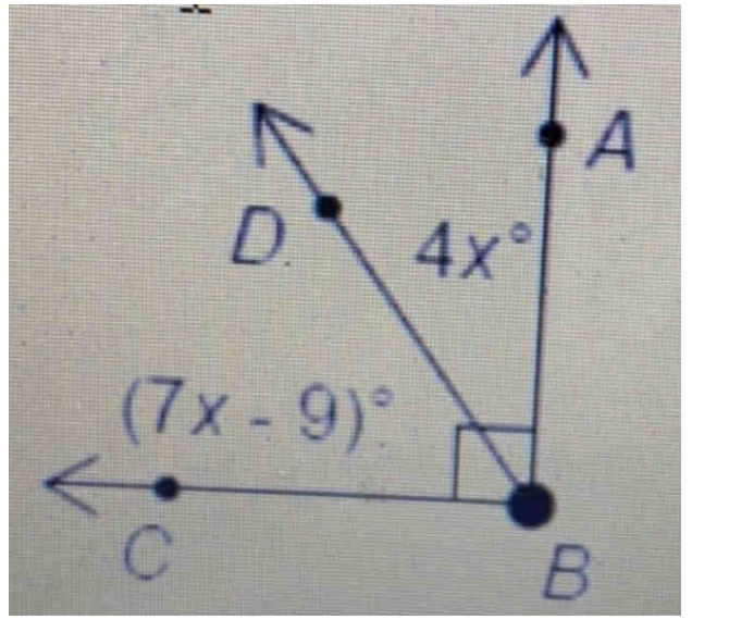 A 
D 4x°
(7x-9)^circ 
C 
B