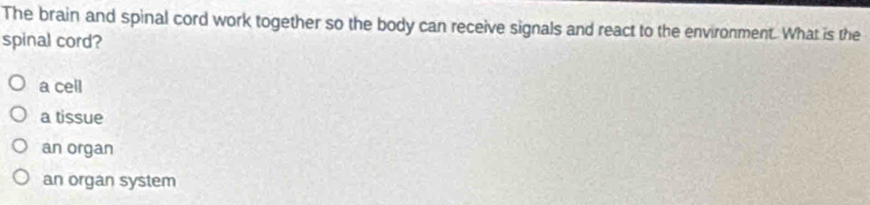The brain and spinal cord work together so the body can receive signals and react to the environment. What is the
spinal cord?
a cell
a tissue
an organ
an organ system