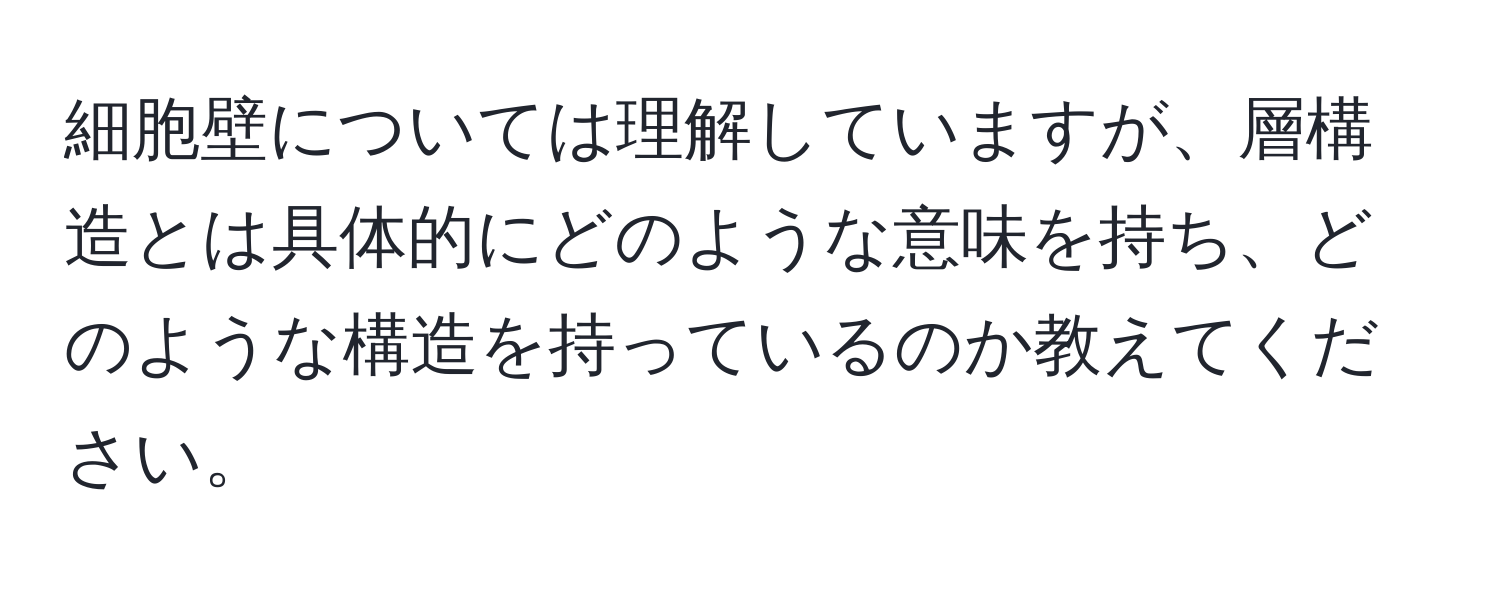 細胞壁については理解していますが、層構造とは具体的にどのような意味を持ち、どのような構造を持っているのか教えてください。