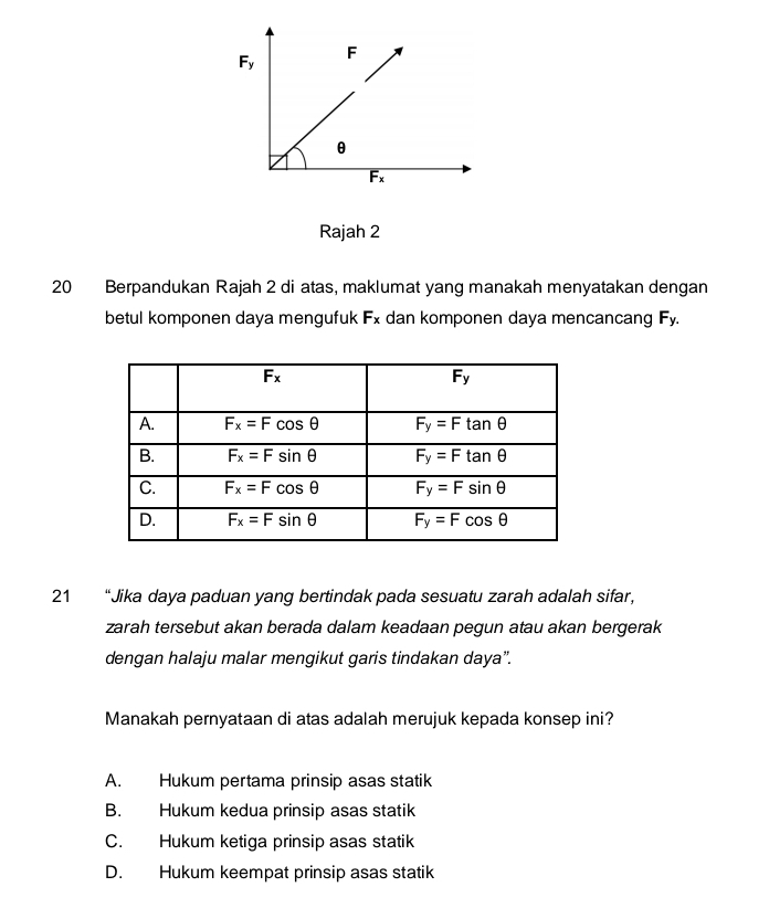 Rajah 2
20 Berpandukan Rajah 2 di atas, maklumat yang manakah menyatakan dengan
betul komponen daya mengufuk F_x dan komponen daya mencancang F_y.
21 “Jika daya paduan yang bertindak pada sesuatu zarah adalah sifar,
zarah tersebut akan berada dalam keadaan pegun atau akan bergerak
dengan halaju malar mengikut garis tindakan daya”.
Manakah pernyataan di atas adalah merujuk kepada konsep ini?
A. Hukum pertama prinsip asas statik
B. Hukum kedua prinsip asas statik
C. Hukum ketiga prinsip asas statik
D. Hukum keempat prinsip asas statik