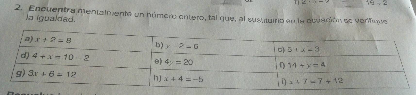 2· 5-2 16/ 2
2. Encuentra mentalmente un número entero, tal que, al sustituirlo en la ecuación se verifique
la igualdad.