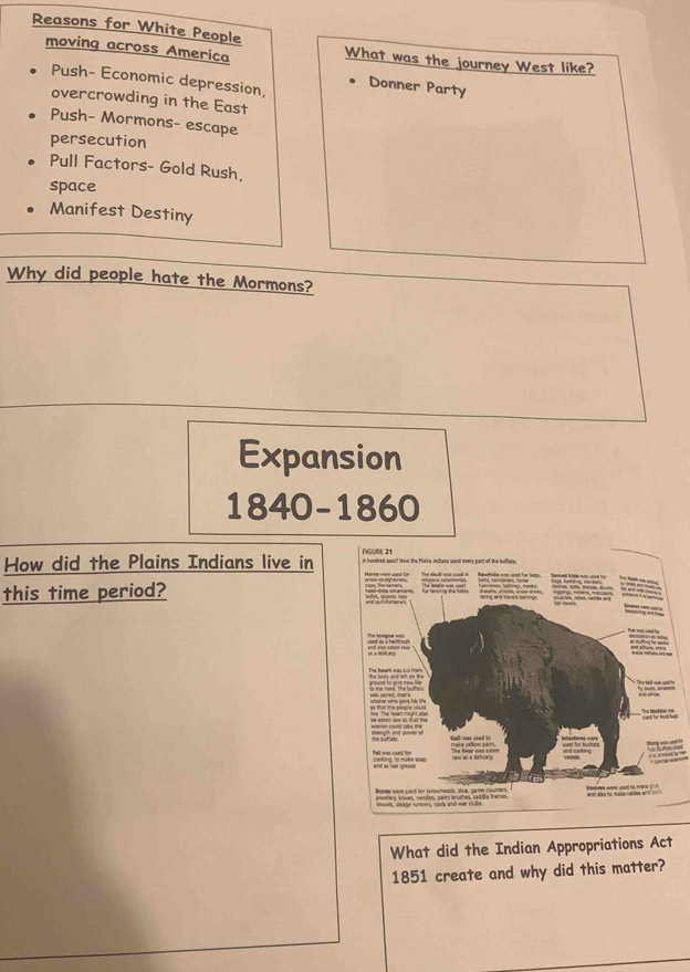 Reasons for White People 
moving across America What was the journey West like? 
Push- Economic depression, Donner Party 
overcrowding in the East 
Push- Mormons- escape 
persecution 
Pull Factors- Gold Rush, 
space 
Manifest Destiny 
Why did people hate the Mormons? 
Expansion
1840-1860
How did the Plains Indians live in 
this time period? 
What did the Indian Appropriations Act 
1851 create and why did this matter?