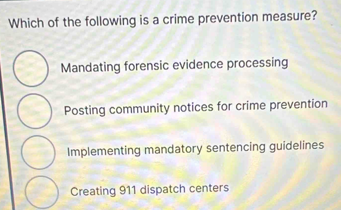 Which of the following is a crime prevention measure?
Mandating forensic evidence processing
Posting community notices for crime prevention
Implementing mandatory sentencing guidelines
Creating 911 dispatch centers