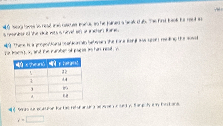 Vide 
1 Kenji loves to read and discuss books, so he joined a book club. The first book he read as 
a member of the club was a novel set in ancient Rome. 
There is a proportional relationship between the time Kenji has spent reading the novel 
(in hours), x, and the number of pages he has read, y. 
Write an equation for the relationship between x and y. Simplify any fractions.
y=□