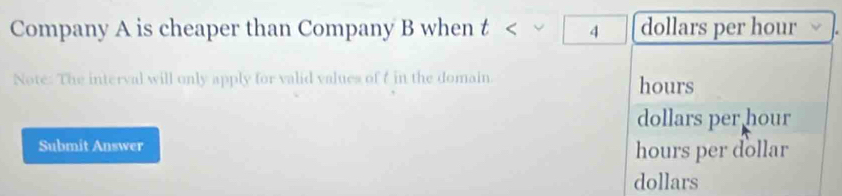 Company A is cheaper than Company B when t <4</tex> □ dollars per hour
Note: The interval will only apply for valid values of f in the domain. hours
dollars per hour
Submit Answer
hours per dollar
dollars