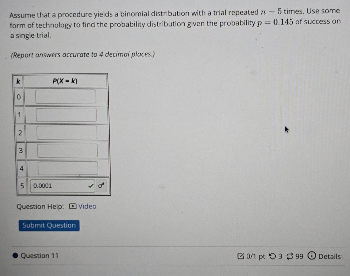 Assume that a procedure yields a binomial distribution with a trial repeated n=5 times. Use some
form of technology to find the probability distribution given the probability p=0.145 of success on
a single trial.
(Report answers accurate to 4 decimal places.)
Question Help: D  Video
Submit Question
Question 11 0/1 pt つ3  99     Details