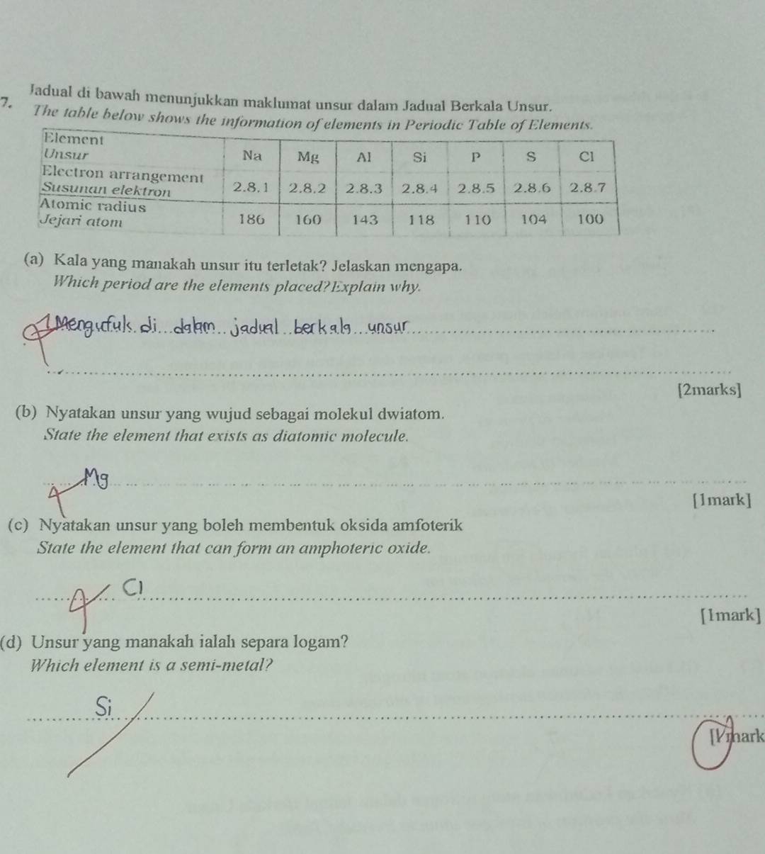 Jadual di bawah menunjukkan maklumat unsur dalam Jadual Berkala Unsur. 
7. The table below shows the information of elements in Periodic Table 
(a) Kala yang manakah unsur itu terletak? Jelaskan mengapa. 
Which period are the elements placed?Explain why. 
_ 
1 Men 
_ 
_ 
[2marks] 
(b) Nyatakan unsur yang wujud sebagai molekul dwiatom. 
State the element that exists as diatomic molecule. 
[1mark] 
(c) Nyatakan unsur yang boleh membentuk oksida amfoterik 
State the element that can form an amphoteric oxide. 
_ 
a 
[1mark] 
(d) Unsur yang manakah ialah separa logam? 
Which element is a semi-metal? 
Si 
_ 
[Vmark