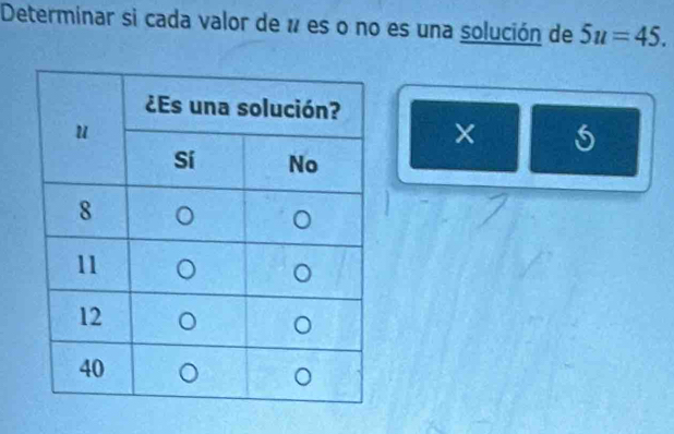 Determinar si cada valor de í es o no es una solución de 5u=45. 
5