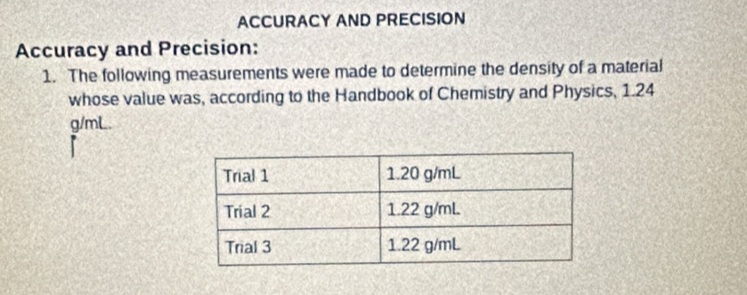 ACCURACY AND PRECISION 
Accuracy and Precision: 
1. The following measurements were made to determine the density of a material 
whose value was, according to the Handbook of Chemistry and Physics, 1.24
g/mL.