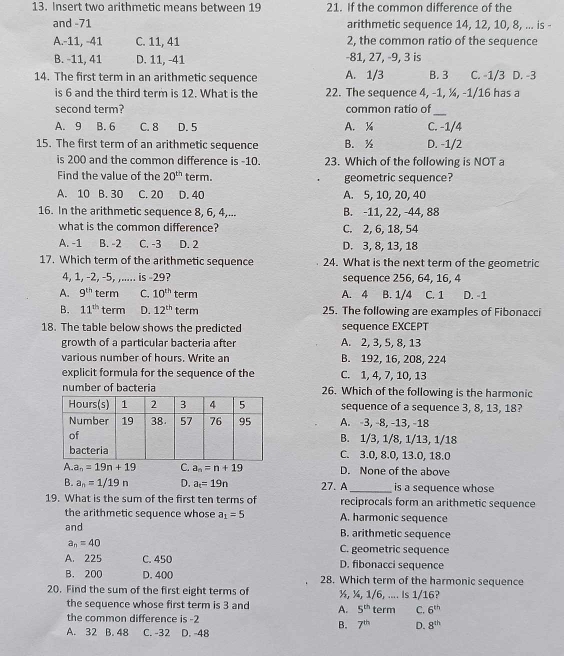 Insert two arithmetic means between 19 21. If the common difference of the
and -71 arithmetic sequence 14, 12, 10, 8, ... is -
A.-11, -41 C. 11, 41 2, the common ratio of the sequence
B. -11, 41 D. 11, -41 -81, 27, -9, 3 is
14. The first term in an arithmetic sequence A. 1/3 B. 3 C. -1/3 D. -3
is 6 and the third term is 12. What is the 22. The sequence 4, -1, ¼, -1/16 has a
_
second term? common ratio of
A. 9 B. 6 C. 8 D.5 A. ¼ C. -1/4
15. The first term of an arithmetic sequence B. ½ D. -1/2
is 200 and the common difference is -10. 23. Which of the following is NOT a
Find the value of the 20^(th) term. geometric sequence?
A. 10 B. 30 C. 20 D. 40 A. 5, 10, 20, 40
16. In the arithmetic sequence 8, 6, 4,... B. -11, 22, -44, 88
what is the common difference? C. 2, 6, 18, 54
A. -1 B. -2 C. -3 D. 2 D. 3, 8, 13, 18
17. Which term of the arithmetic sequence 24. What is the next term of the geometric
4, 1, -2, -5, ,..... is -29? sequence 256, 64, 16, 4
A. 9^(th) term C. 10^(th) term A. 4 B. 1/4 C. 1 D. -1
B. 11^(th)t erm D. 12^(th) term 25. The following are examples of Fibonacci
18. The table below shows the predicted sequence EXCEPT
growth of a particular bacteria after A. 2, 3, 5, 8, 13
various number of hours. Write an B. 192, 16, 208, 224
explicit formula for the sequence of the C. 1, 4, 7, 10, 13
number of bacteria 26. Which of the following is the harmonic
sequence of a sequence 3, 8, 13, 18?
A. -3, -8, −13, -18
B. 1/3, 1/8, 1/13, 1/18
C. 3.0, 8.0, 13.0, 18.0
A. a_n=19n+19 C. a_n=n+19 D. None of the above
B. a_n=1/19n D. a_t=19n 27. A_ is a sequence whose
19. What is the sum of the first ten terms of reciprocals form an arithmetic sequence
the arithmetic sequence whose a_1=5 A. harmonic sequence
and B. arithmetic sequence
a_n=40
C. geometric sequence
A. 225 C. 450 D. fibonacci sequence
B. 200 D. 400 28. Which term of the harmonic sequence
20. Find the sum of the first eight terms of ½, ¼, 1/6, .... Is 1/16?
the sequence whose first term is 3 and A. 5^(th)
the common difference is -2 term C. 6^(th)
B. 7^(th) D. 8^(th)
A. 32 B. 48 C. -32 D. -48