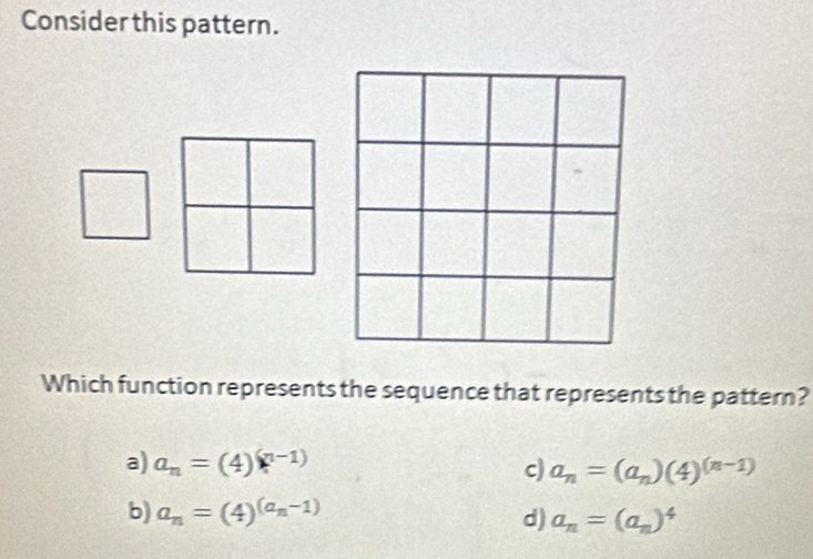 Consider this pattern.
Which function represents the sequence that represents the pattern?
a) a_n=(4)(n-1) c) a_n=(a_n)(4)^(n-1)
b) a_n=(4)^(a_n-1) d) a_n=(a_n)^4