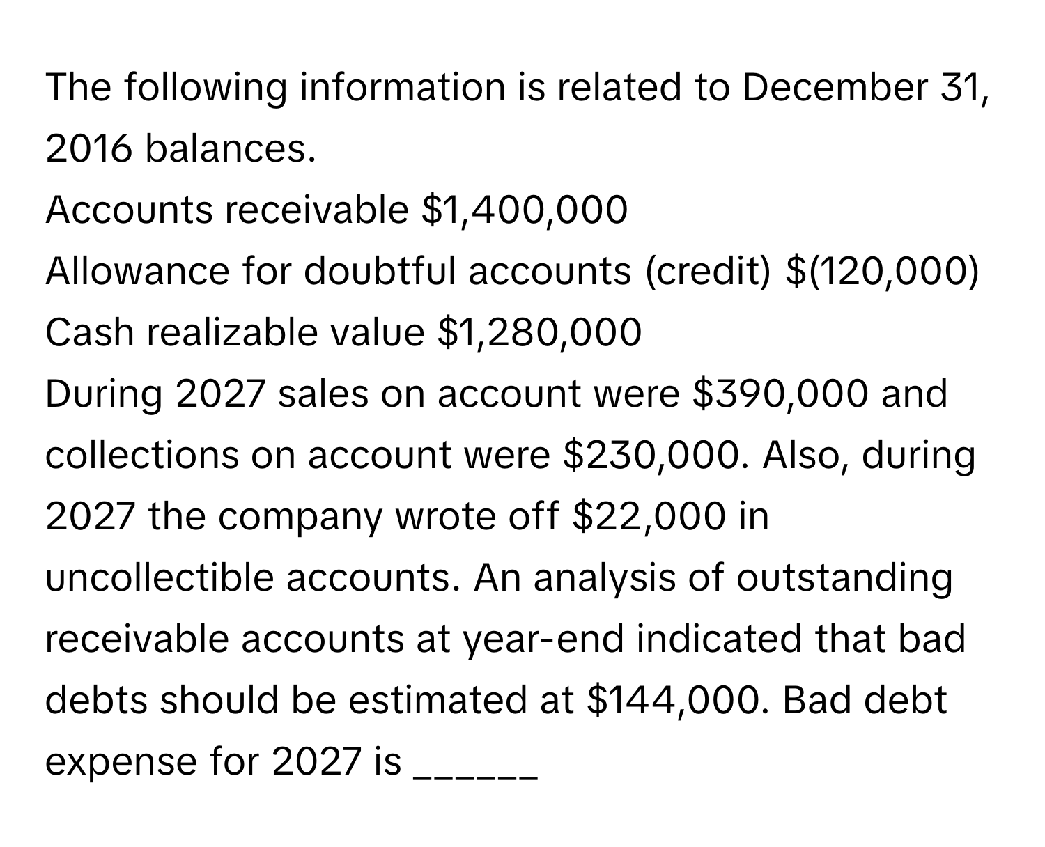 The following information is related to December 31, 2016 balances. 

Accounts receivable $1,400,000
Allowance for doubtful accounts (credit) $(120,000)
Cash realizable value $1,280,000
During 2027 sales on account were $390,000 and collections on account were $230,000. Also, during 2027 the company wrote off $22,000 in uncollectible accounts. An analysis of outstanding receivable accounts at year-end indicated that bad debts should be estimated at $144,000. Bad debt expense for 2027 is ______