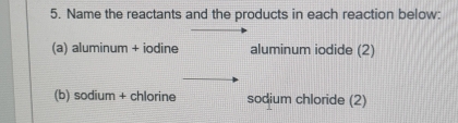 Name the reactants and the products in each reaction below: 
(a) aluminum + iodine aluminum iodide (2) 
(b) sodium + chlorine sodium chloride (2)