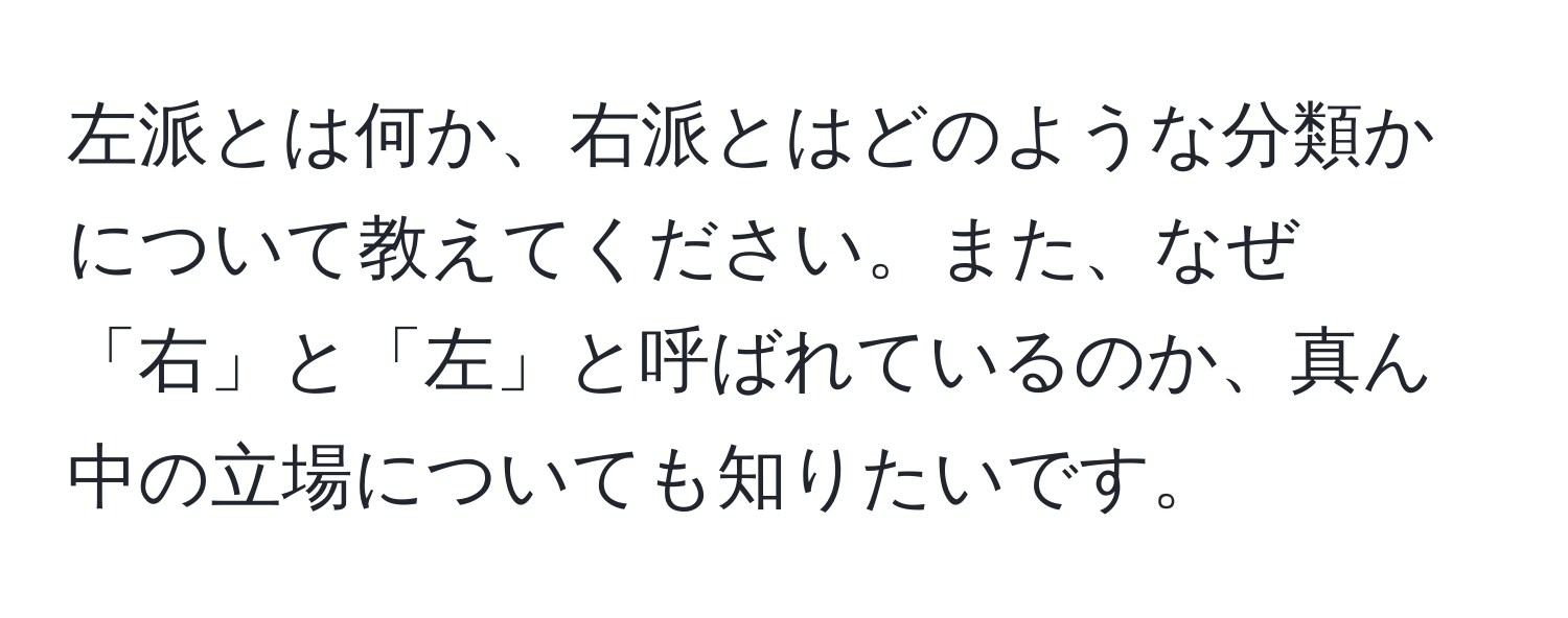 左派とは何か、右派とはどのような分類かについて教えてください。また、なぜ「右」と「左」と呼ばれているのか、真ん中の立場についても知りたいです。