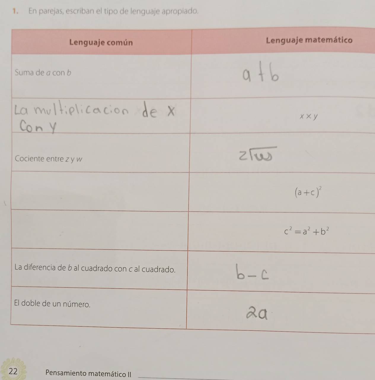 En parejas, escriban el tipo de lenguaje apropiado.
S
C
L
E
22 Pensamiento matemático II_