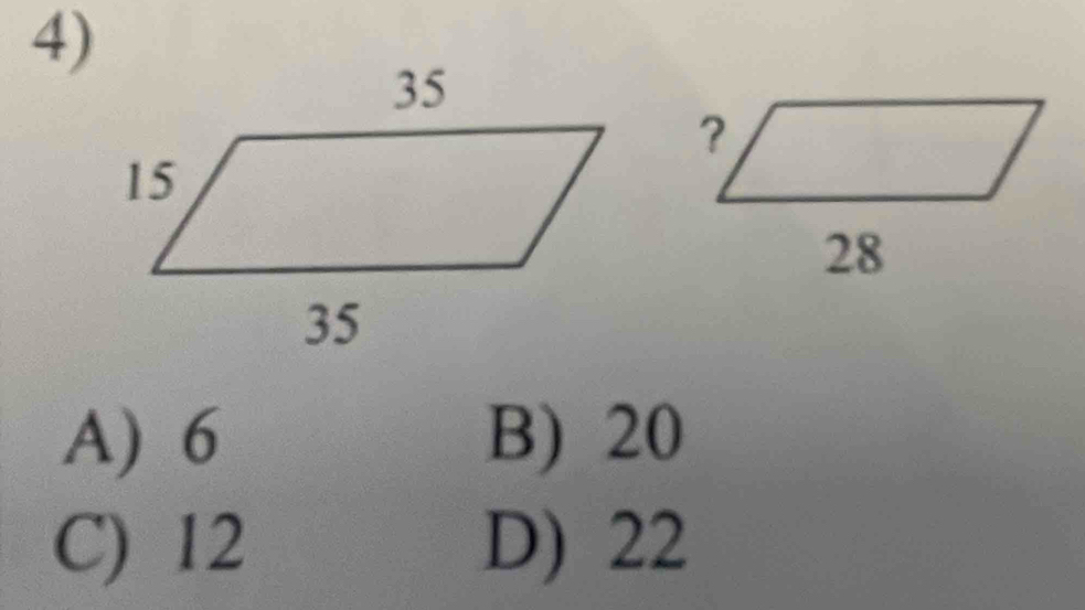 A) 6 B) 20
C) 12 D) 22