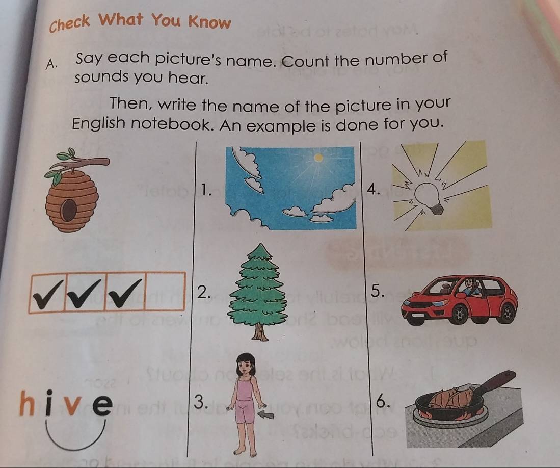 Check What You Know 
A. Say each picture's name. Count the number of 
sounds you hear. 
Then, write the name of the picture in your 
English notebook. An example is done for you. 
1 
A 
2. 
5. 
hive 3. 6.