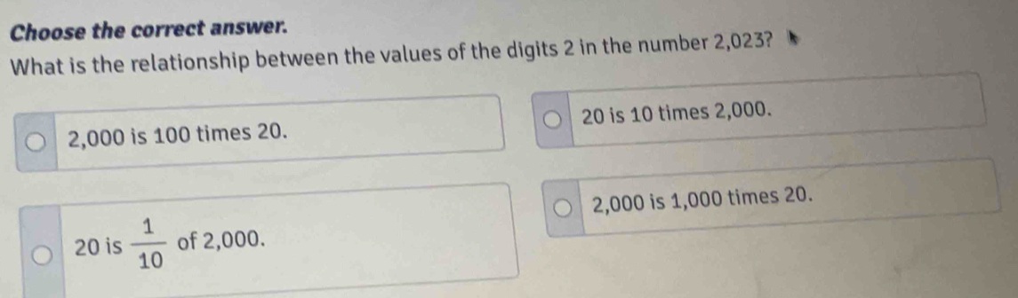 Choose the correct answer.
What is the relationship between the values of the digits 2 in the number 2,023?
2,000 is 100 times 20. 20 is 10 times 2,000.
2,000 is 1,000 times 20.
20 is  1/10  of 2,000.