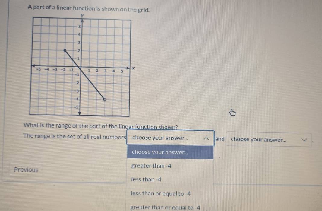 A part of a linear function is shown on the grid.
What is the range of the part of the linear function shown?
The range is the set of all real numbers choose your answer... and choose your answer...
choose your answer...
Previous
greater than -4
less than -4
less than or equal to -4
greater than or equal to -4