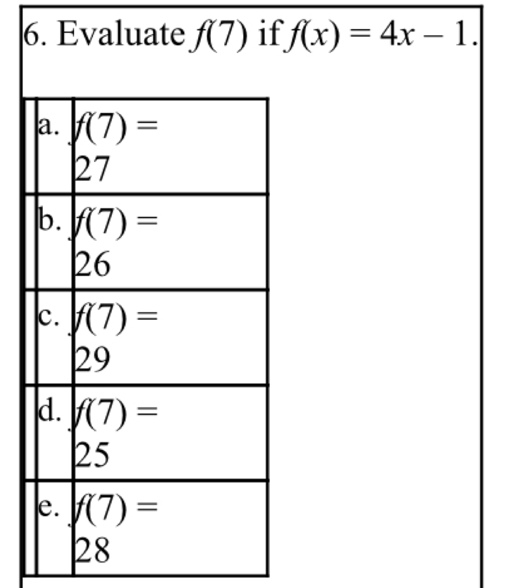 Evaluate f(7) if f(x)=4x-1.